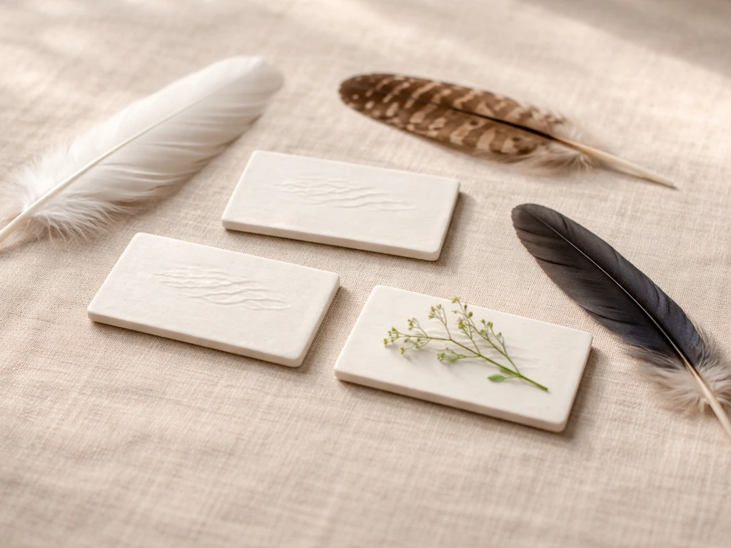 Minimal linen tabletop with dove, lark, and swallow feathers and blank embossed name cards