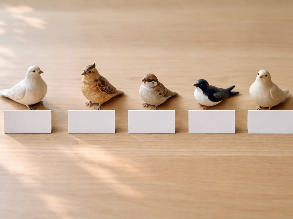 Minimal tabletop lineup of five bird figurines (dove, lark, sparrow, swallow) beside blank cards.