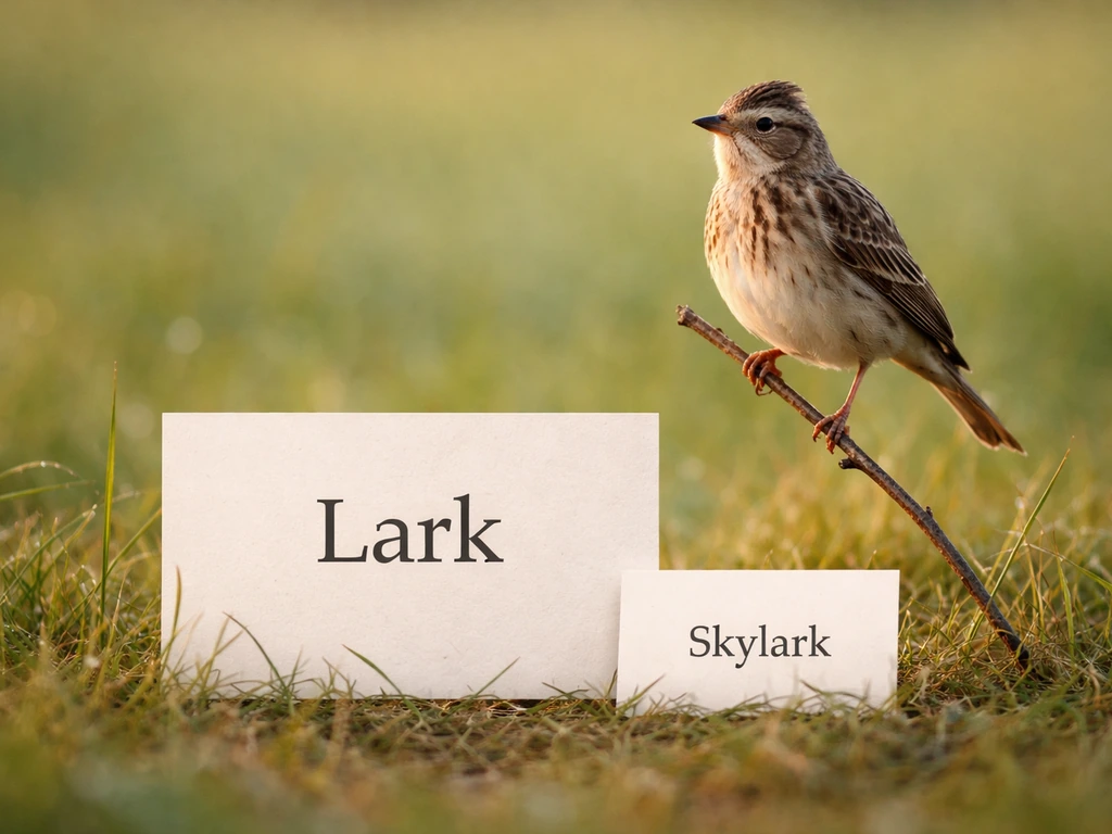 Small lark/songbird perched on a twig with a simple name card reading “Lark” nearby.