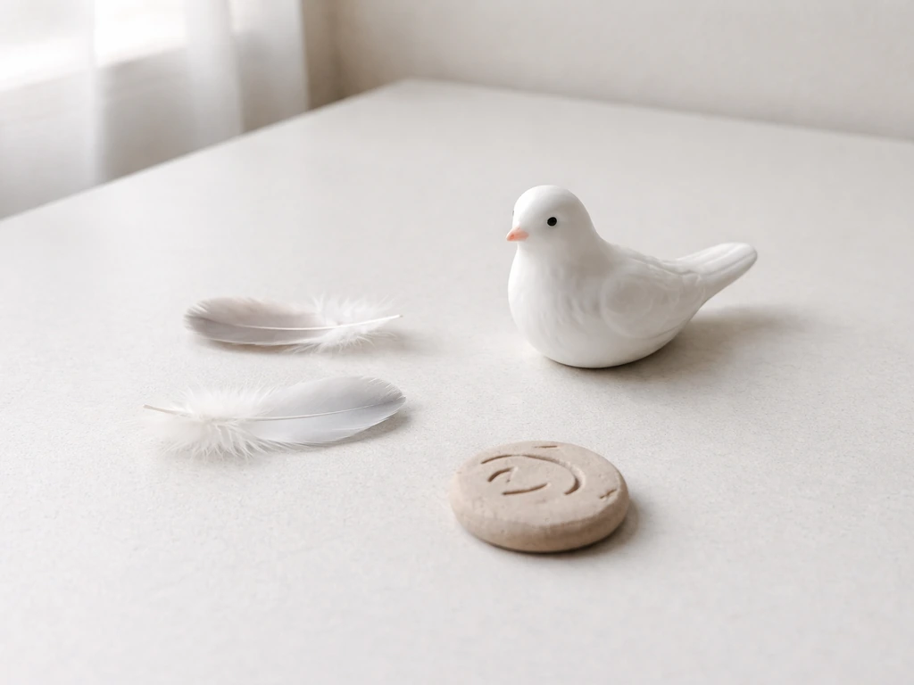 White dove figurine and feathers on a light tabletop, softly lit, symbolizing bird-name etymology.