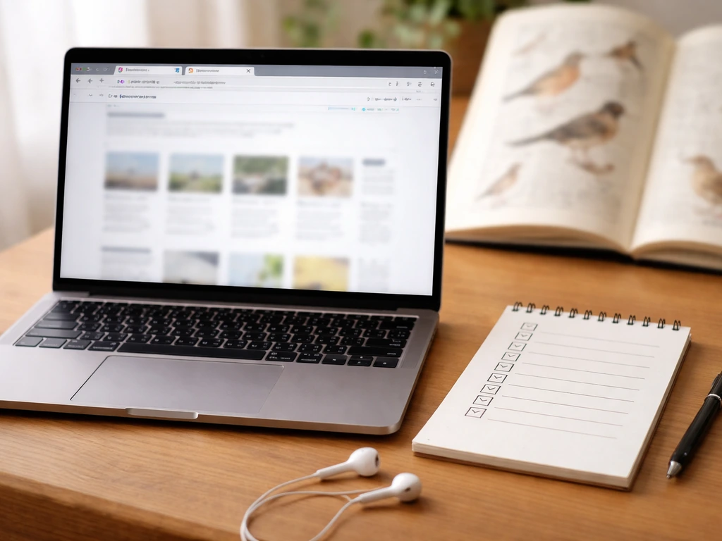 Laptop with reference tabs and a notepad checklist on a desk with a blurred bird dictionary backdrop.