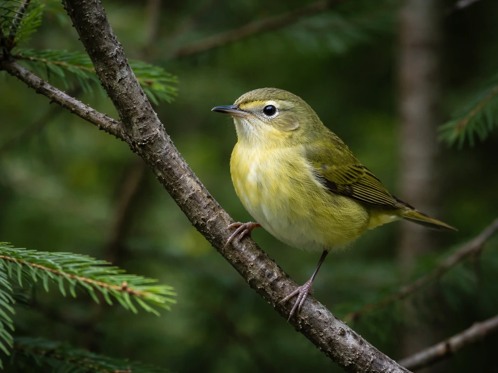Small olive-and-yellow warbler perched on boreal forest branches with soft bokeh background.