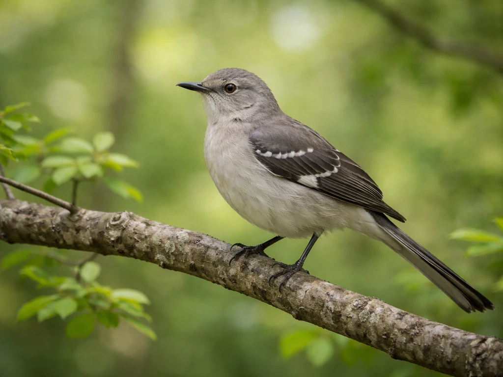 Northern mockingbird perched on a branch in Tennessee-like woodland, natural light and minimal background.