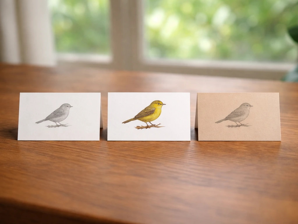Three blank reference cards on a wooden desk with simple warbler drawings suggesting naming formats.