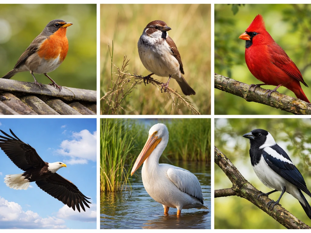 Vibrant photo collage of several colorful birds—robin, sparrow, cardinal, eagle, pelican, and magpie—on natural backgrou