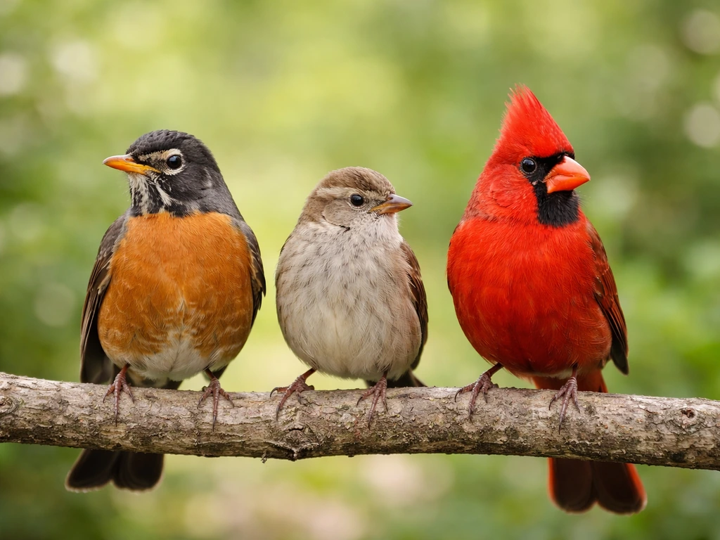 A minimal lineup of recognizable backyard birds: robin, sparrow, and cardinal on a simple natural branch.