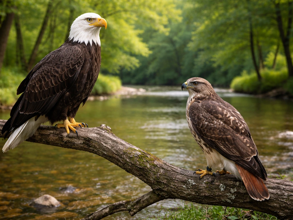 Bald eagle and red-tailed hawk perched on branches near a quiet riverbank in natural light.