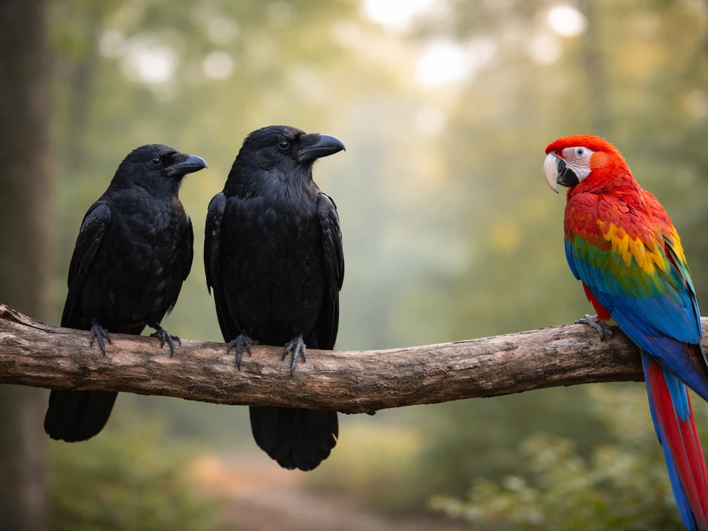 Close-up of a crow perched beside a raven and a colorful parrot on a quiet nature branch.