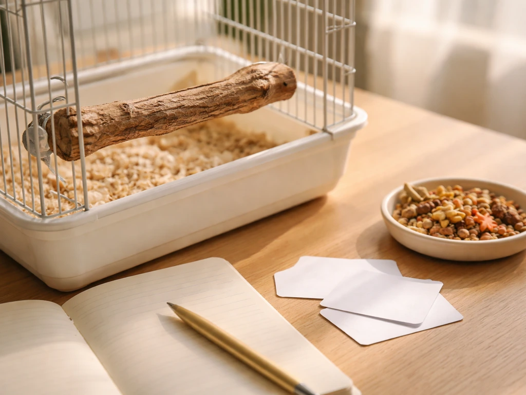 Close-up of a bird-safe perch and cage with an open notebook and blank name cards nearby.