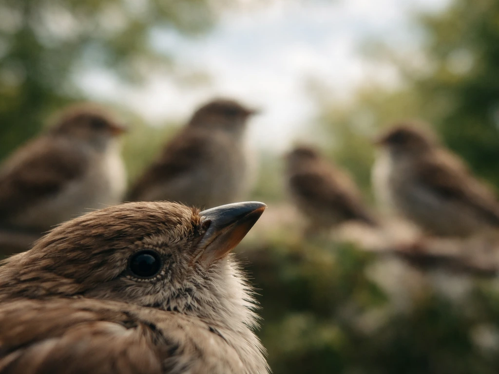 Close-up of indistinct bird feathers and beak with a few blurred birds in the background.