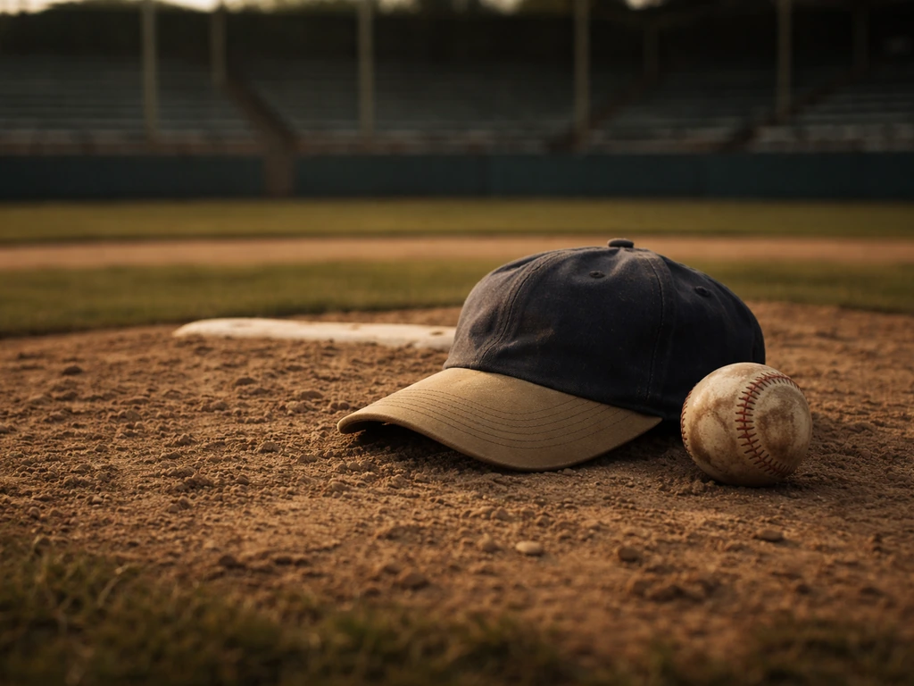 Worn vintage baseball gear on a mound in a quiet stadium, no players visible.