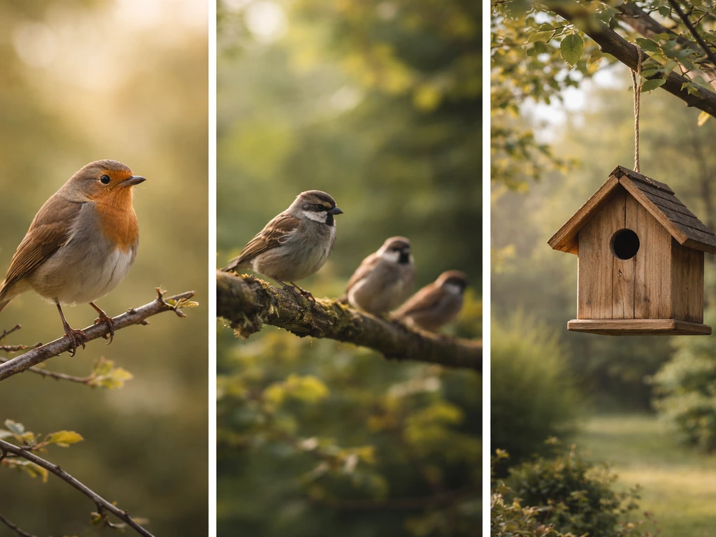 Minimal photo collage showing a single bird, multiple birds, and a birdhouse in a natural setting.