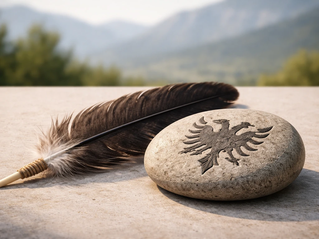 Dark eagle feather and a carved emblem-like stone on a neutral table with blurred Albanian landscape behind.