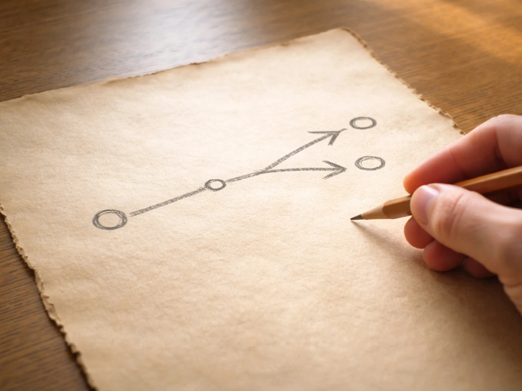 Minimal photo of parchment with a hand-drawn arrow evolution from ancient word roots to modern terms