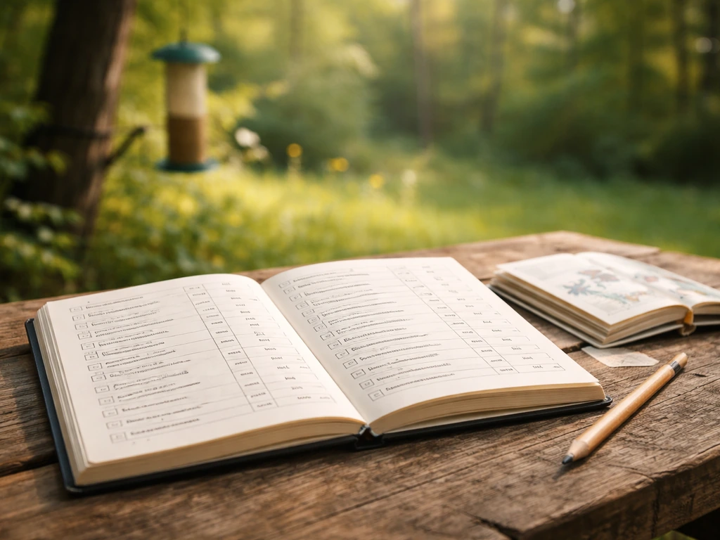 Outdoor field notebook with a handwritten common bird names list, Latin names, and checklist pages near a feeder.