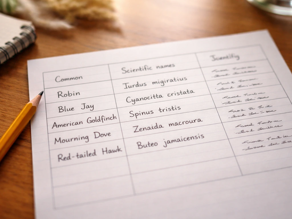 Close-up of a simple worksheet on a wooden desk with columns for common and scientific bird names.