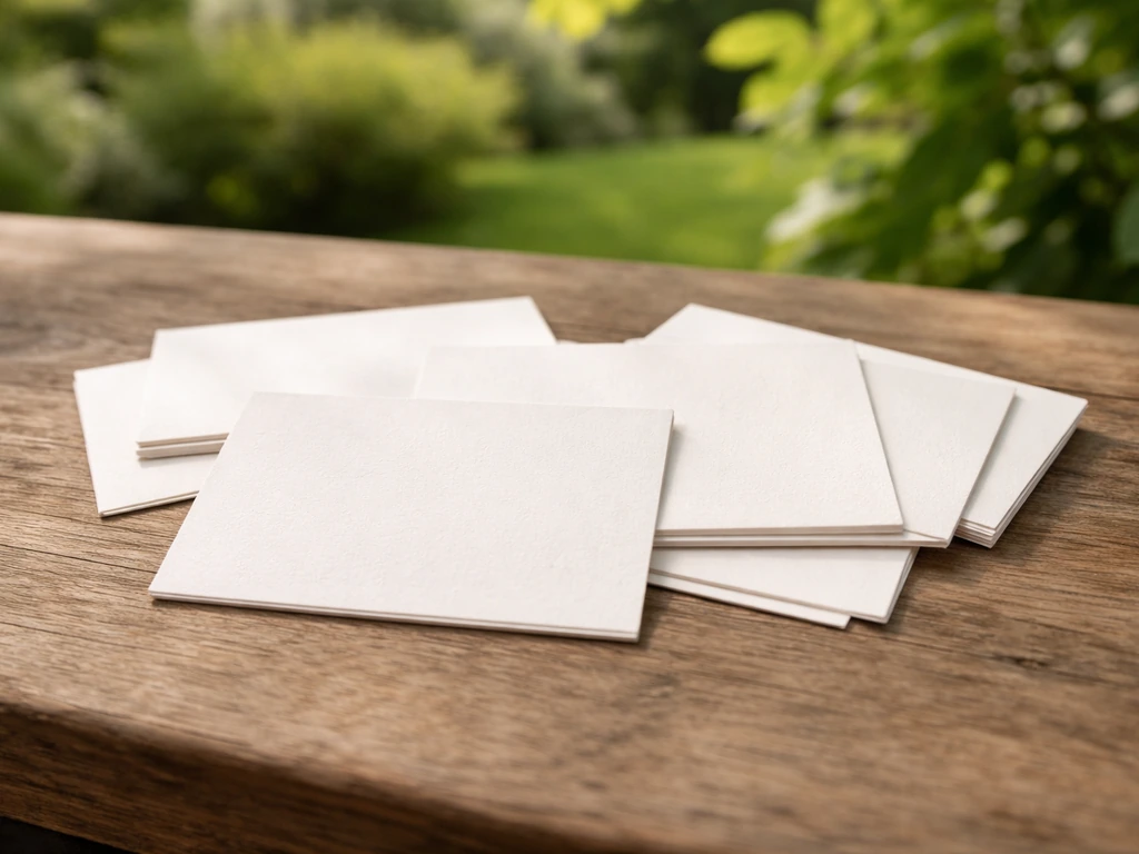Close-up of bird identification cards beside a simple garden backdrop with soft greenery.