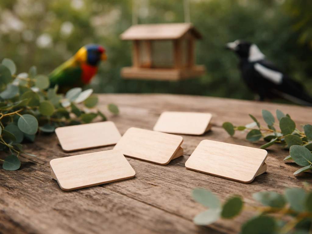 Close-up of blank bird cards with eucalyptus foliage and colorful Australian birds nearby.