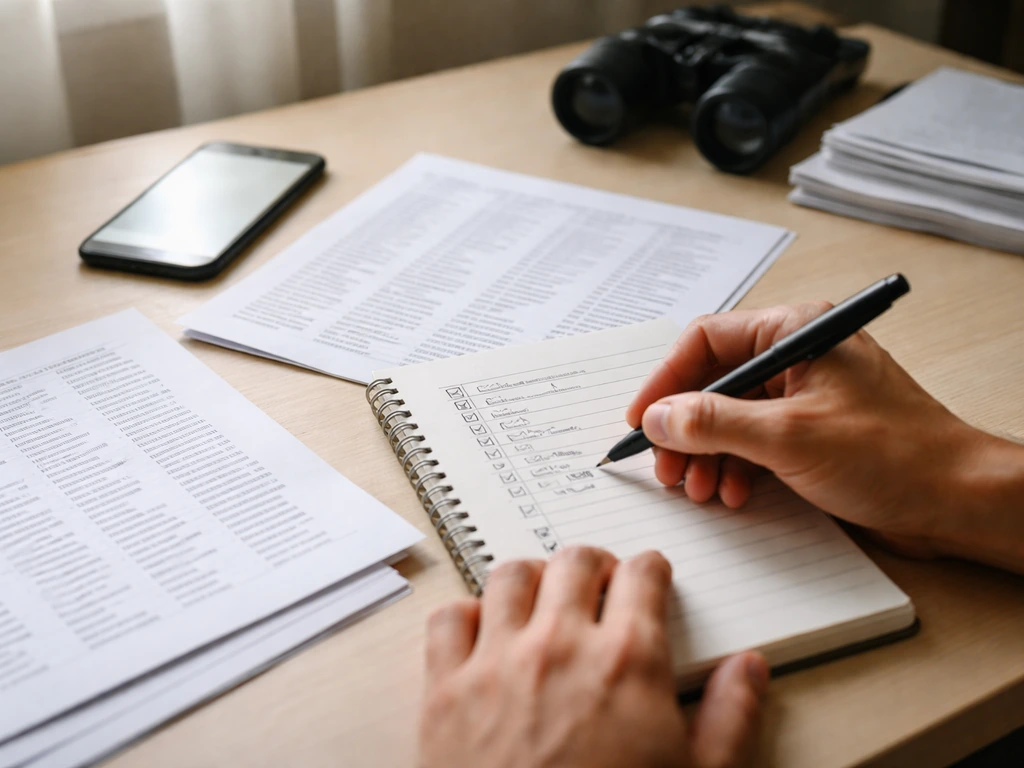 Birdwatcher at a desk marking a checklist beside printed bird-name lists and a phone search