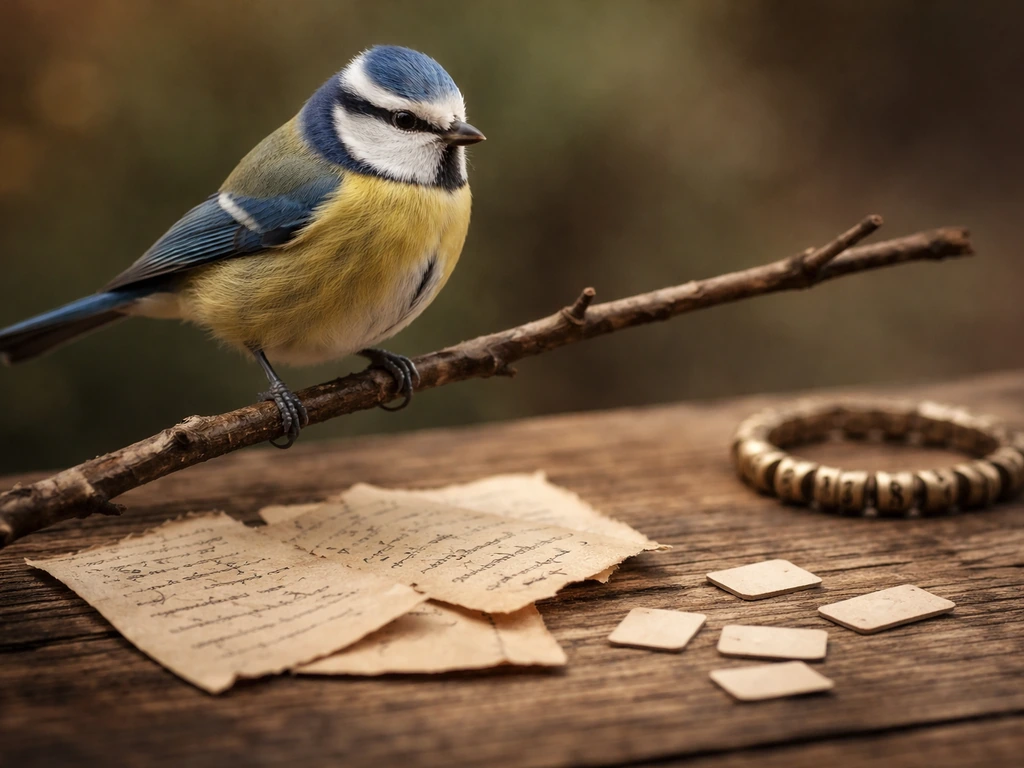Elegant bird perched on a branch next to blank parchment and paper pieces suggesting name etymology decoding.