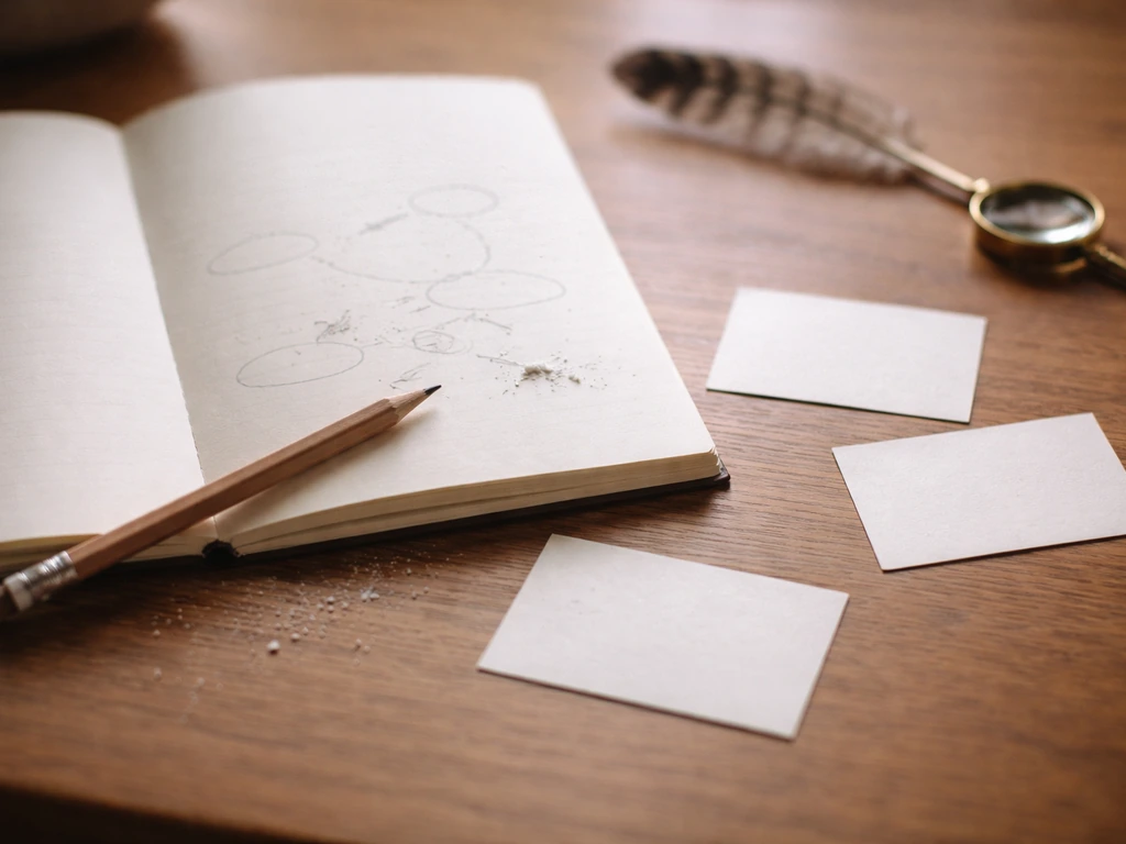 Open notebook and blank cards on a wooden desk, with a feather and magnifying glass implying synonym connections.