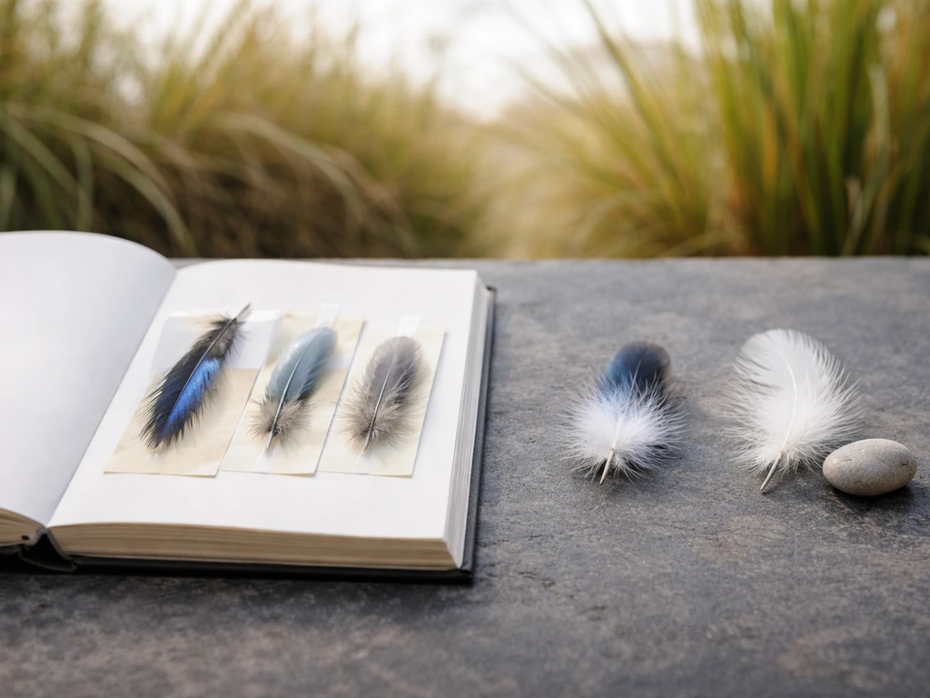 Two side-by-side bird feather samples on a dark stone surface with blurred grasses in natural light.