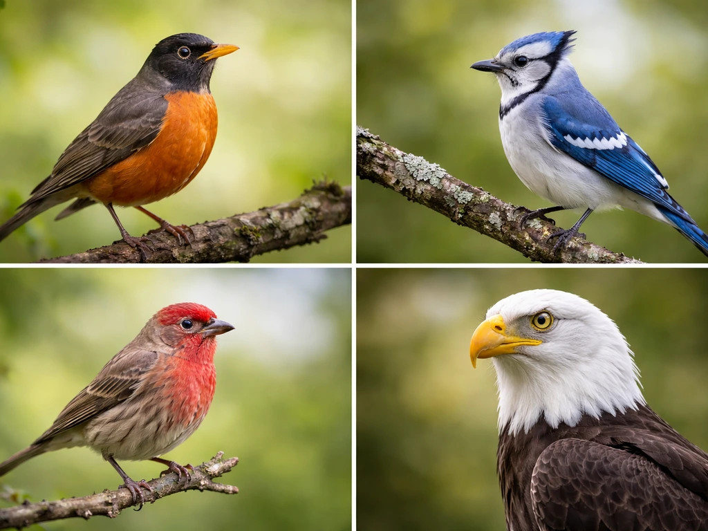 Grid of bird species on a natural background, grouped by an excellent theme concept