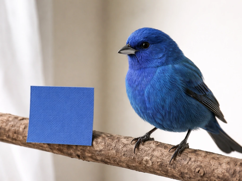 Close-up of an indigo-blue bird perched beside a small, natural blue color swatch on a table.