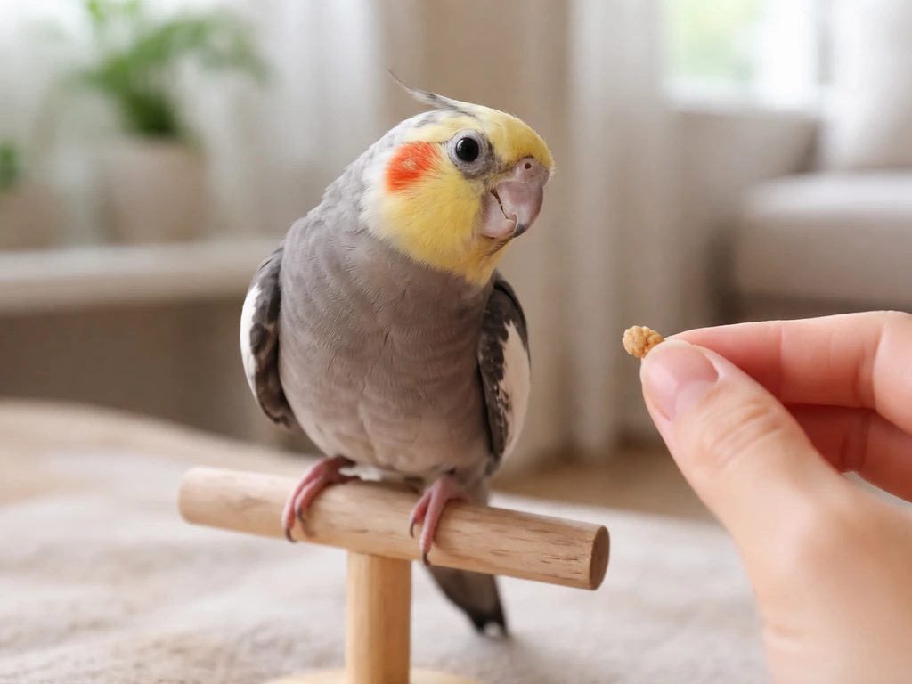 Close-up of a small pet bird turning toward a nearby caller with a treat in hand.