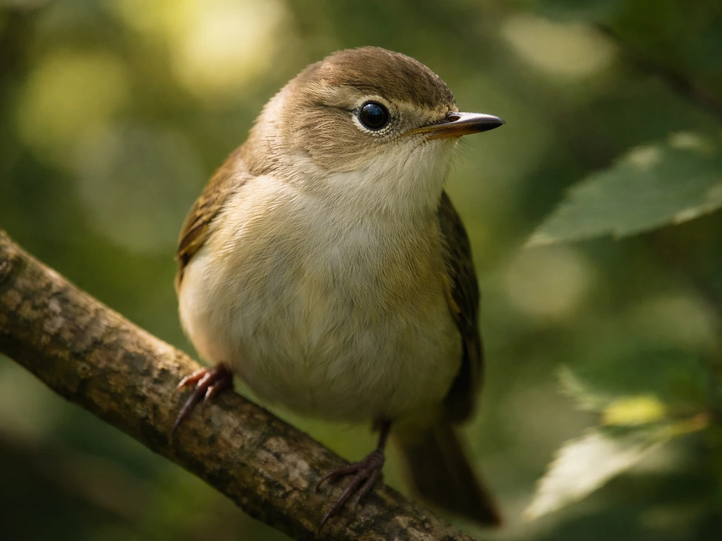 Close-up of a small passerine bird perched in leafy habitat, focused eyes and natural camouflage.