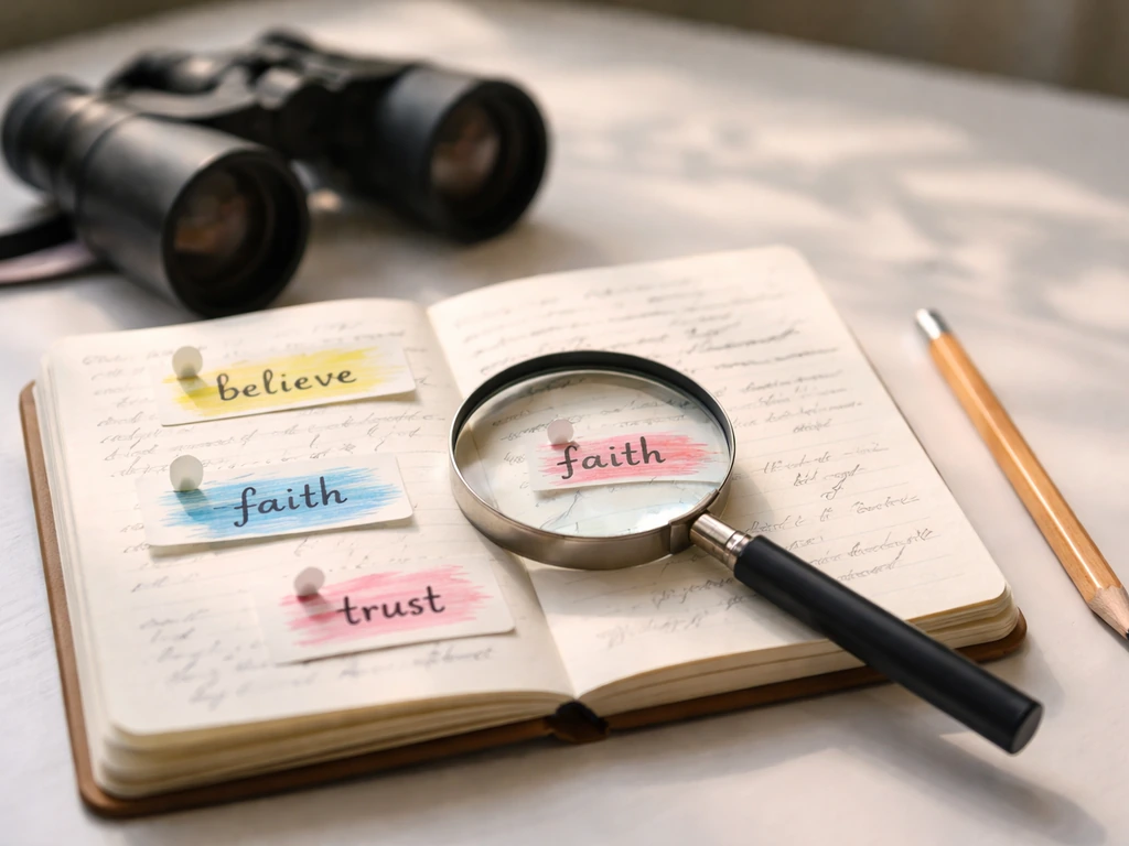 Still-life of bird-watching field notes with a magnifying glass and pinned cards showing highlighted terms.