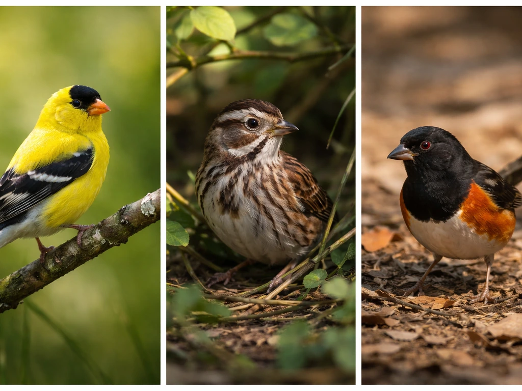 Three labeled-by-nature bird field photos side-by-side on a simple nature background