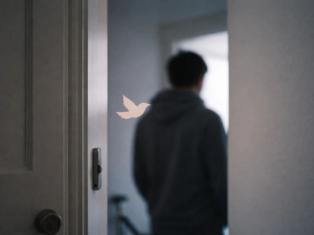 Anonymous person hesitating at an open door as a small blurry paper bird hovers nearby.