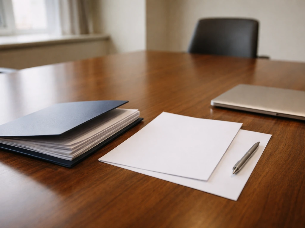 Minimal office conference table with an open HR complaints folder and blank workplace policy documents.