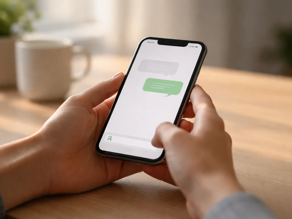 Close-up of hands holding a phone showing a calm chat conversation with de-escalation replies