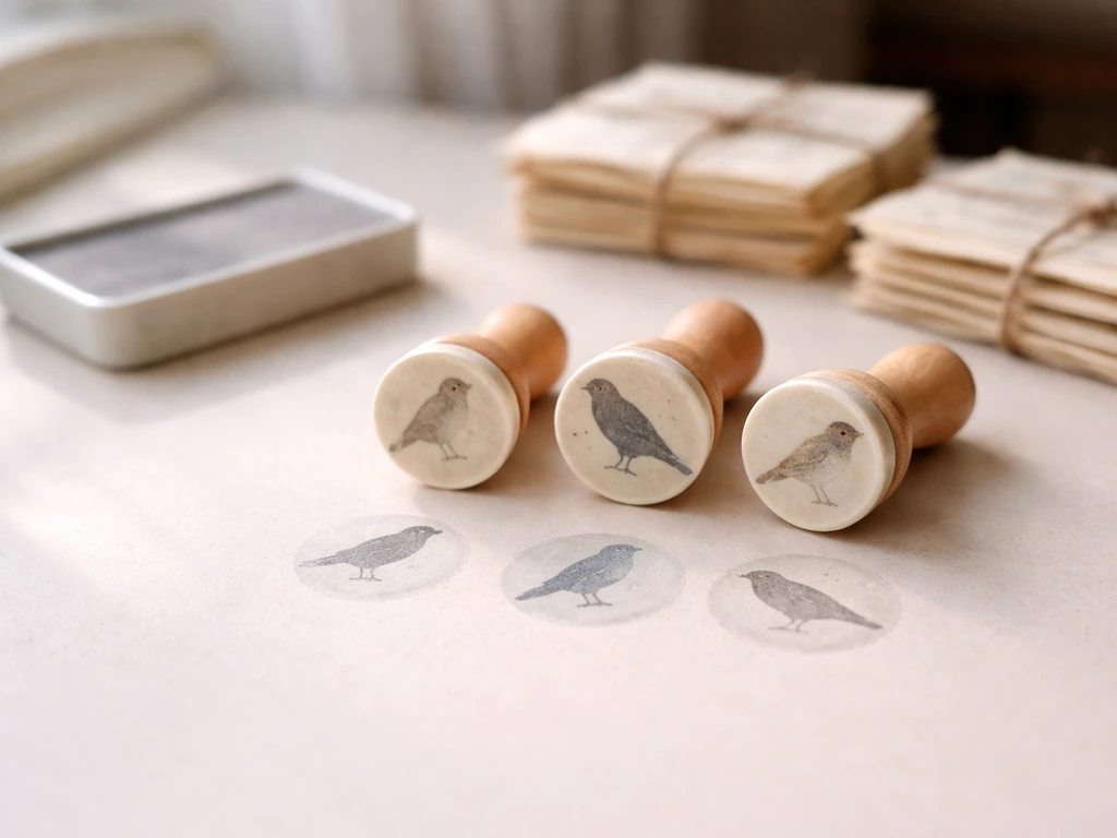 Ceramic stamp silhouettes of lark, hawk, and sparrow beside blurred surname-like paper cards on a tabletop.