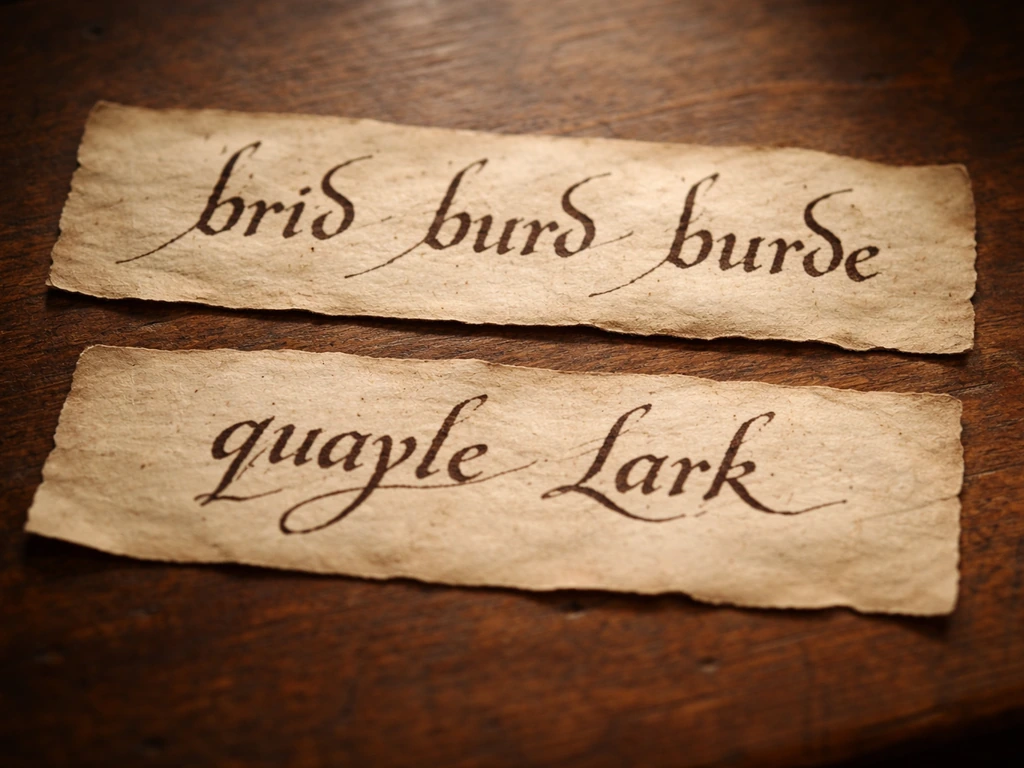 Close-up of aged parchment strips with handwritten historical letterforms showing spelling variations side-by-side.