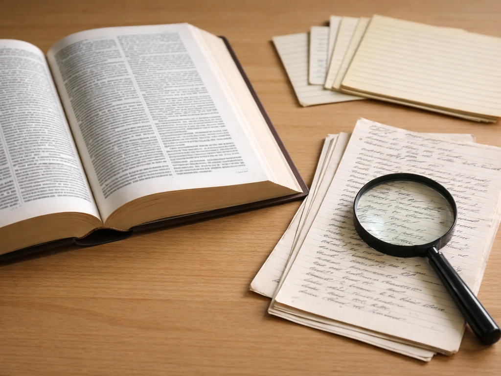 Close-up of an open etymology dictionary, vintage spelling notes, magnifying glass, and archive index cards