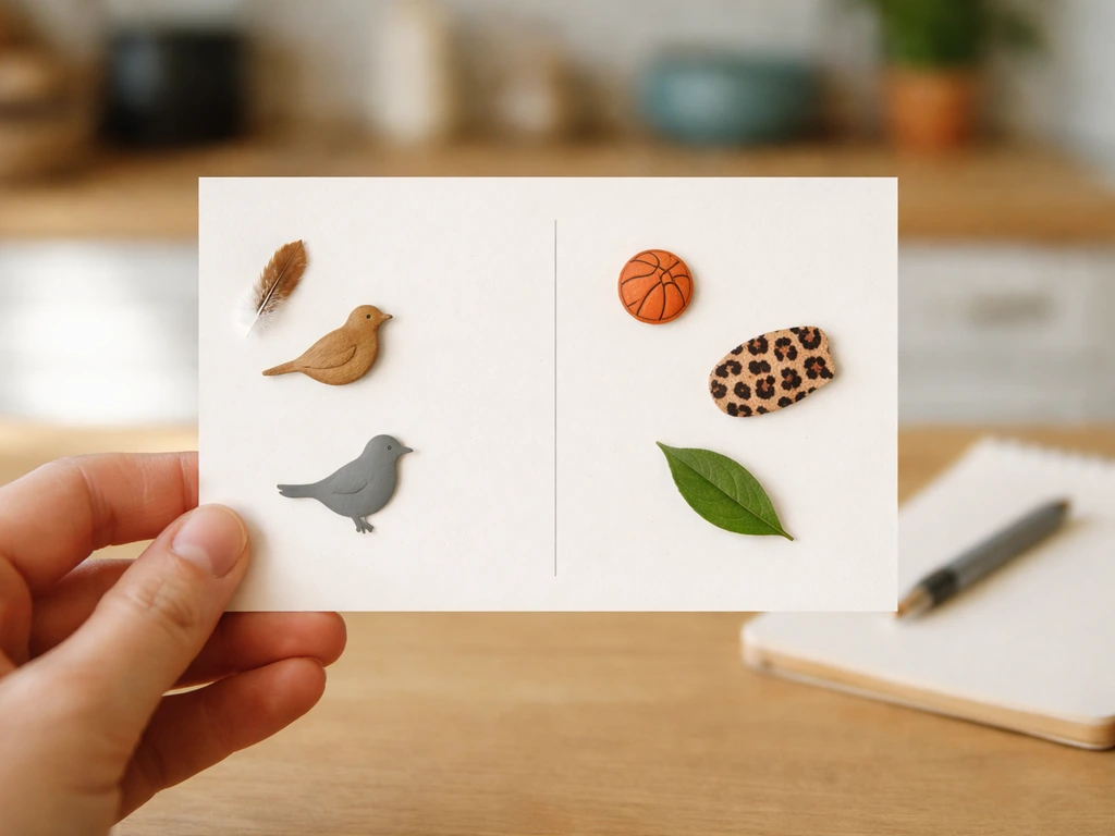 Minimal desk scene with a blank two-column rule card and bird-themed vs indirect objects, no text.