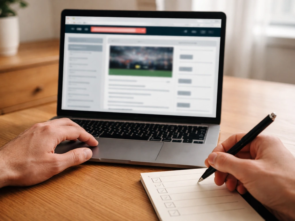Person using a laptop and pen checklist to verify an NFL team history count, minimal desk scene.