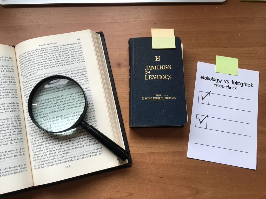Magnifying glass, bilingual dictionary, and a three-box checklist for verifying name meanings