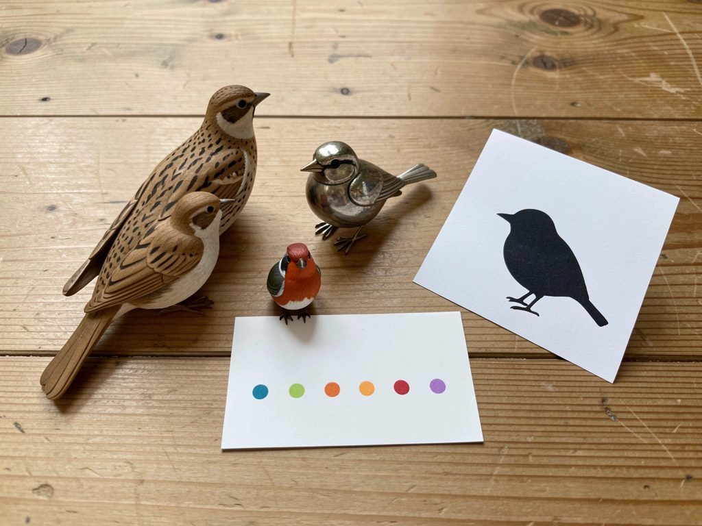 Mini bird figurines arranged like English bird-word name examples
