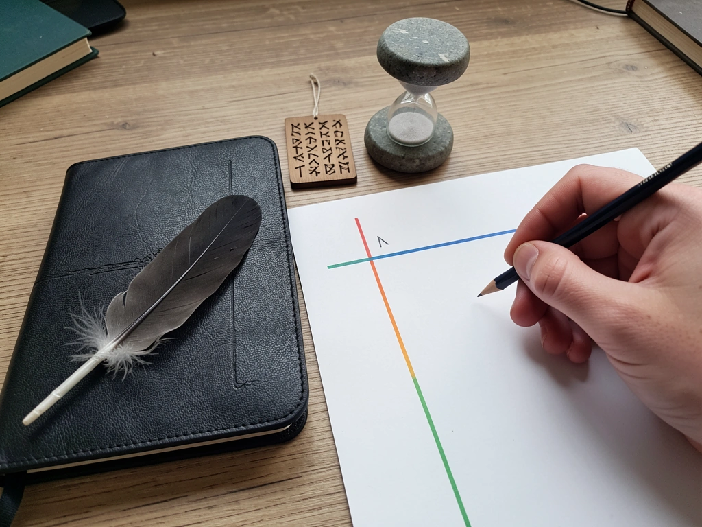 Norse-inspired desk setup with raven feather and pencil over a blank notebook