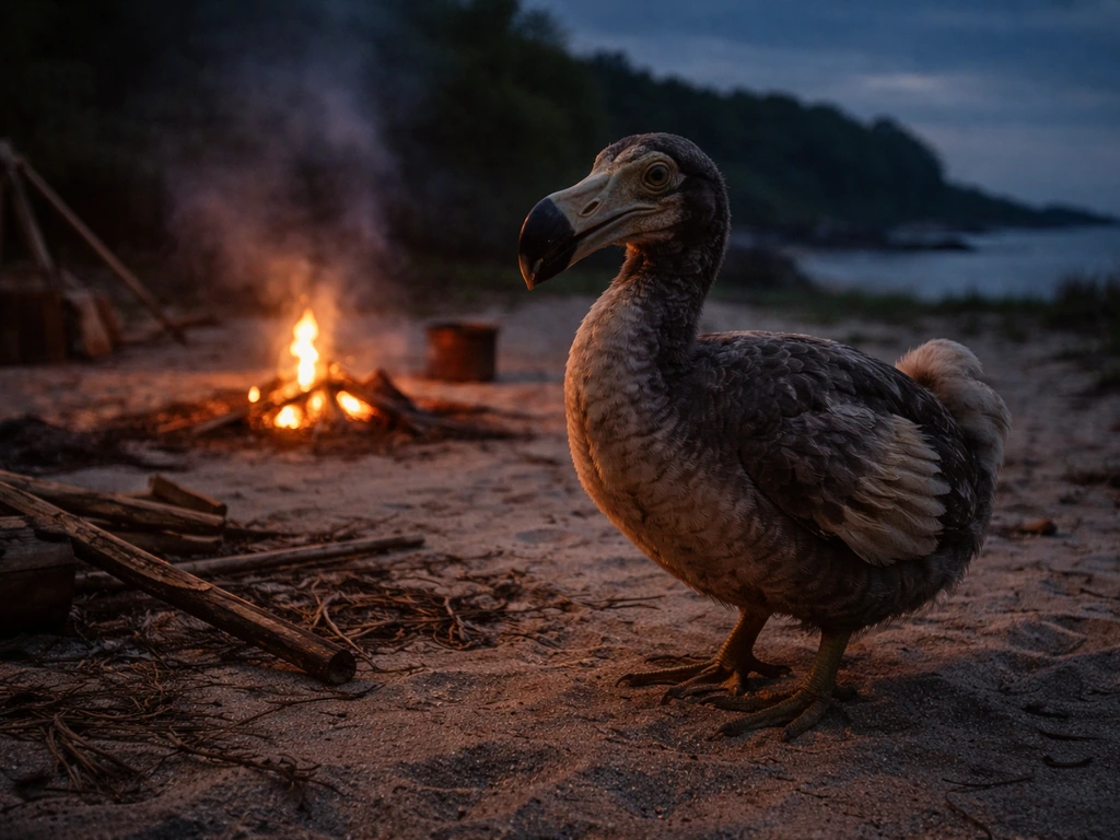 Flightless dodo near an early European campfire on Mauritius, warm glow at dusk with sparse tropical foliage.