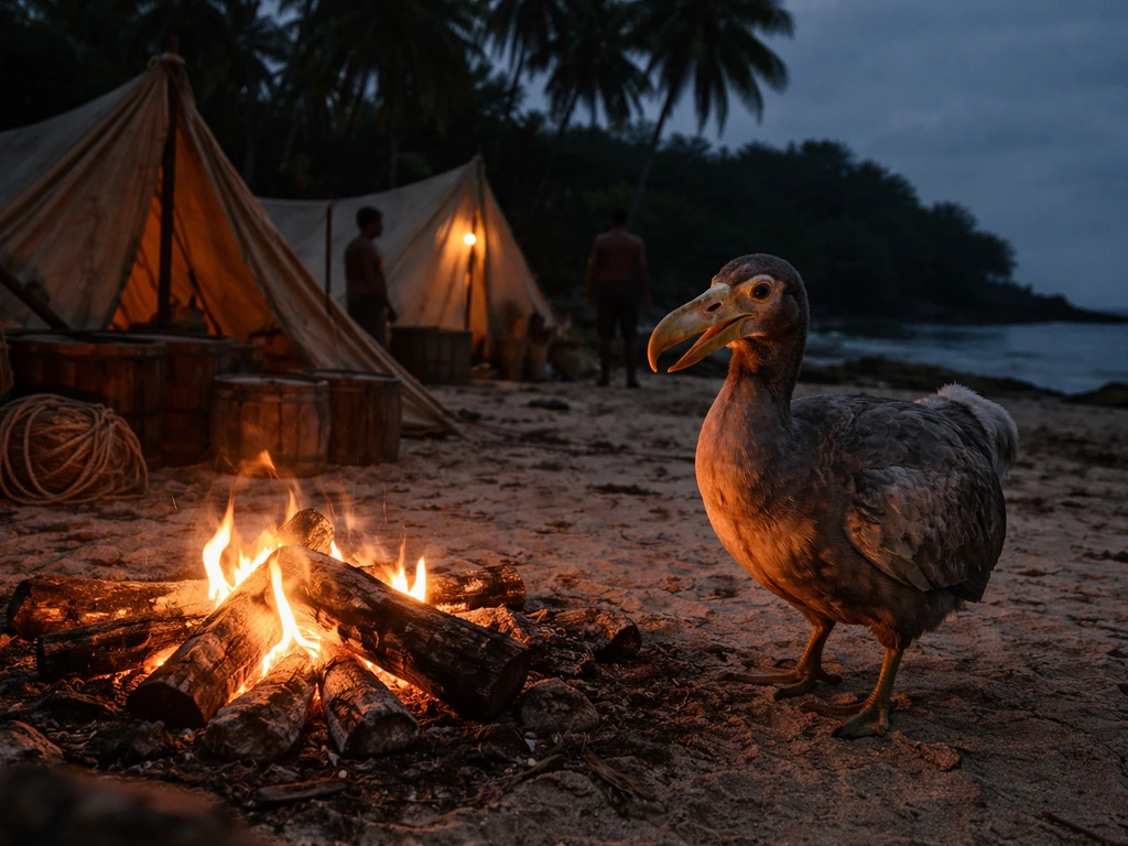 Dodo beside a Portuguese campfire on Mauritius at dusk, with tents and sailors in the background.