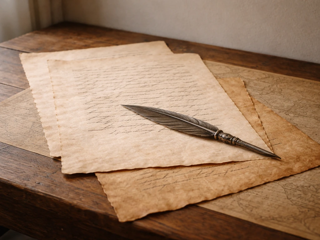 A quill and aged book pages beside a faint old map texture, suggesting early exploration and naming records.