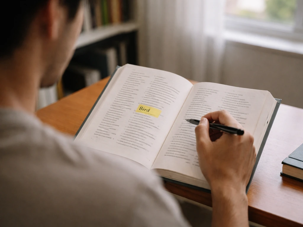 Anonymous person checking an open poetry index with “Bird” highlighted in yellow.