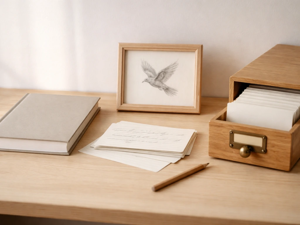 Minimal desk collage of poetry anthology, blank index cards, bird sketch, and library cards showing multiple “Bird” mean