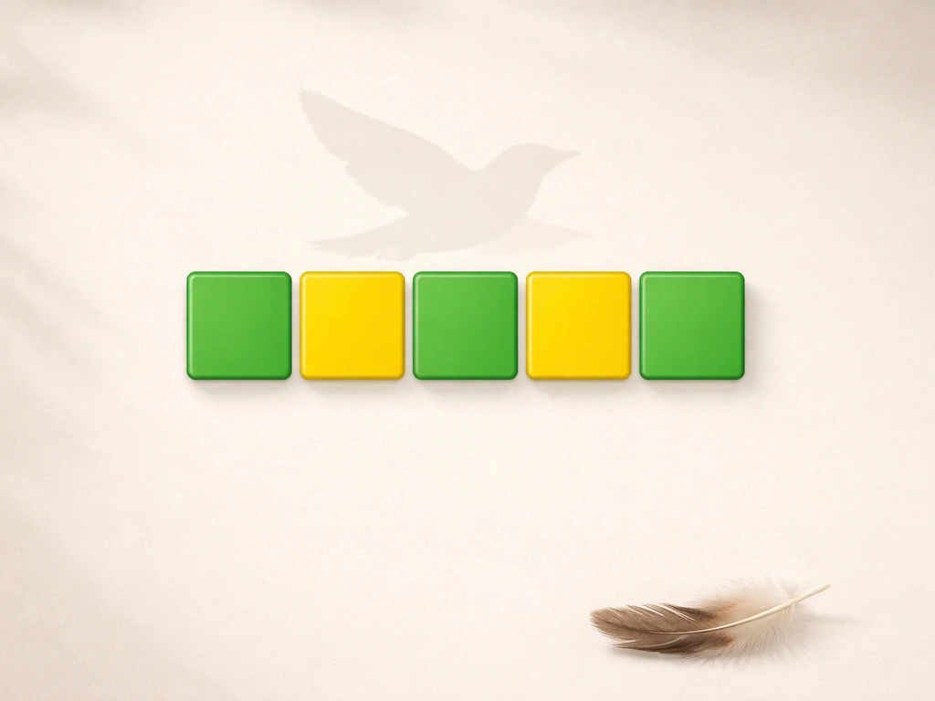 Minimal Wordle-themed scene with a five-letter bird-name card, bird silhouette motif, and highlighted letters