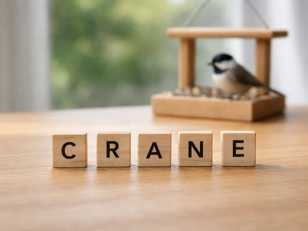 Five-letter bird-name guess cards beside a simple wooden bird feeder in natural light